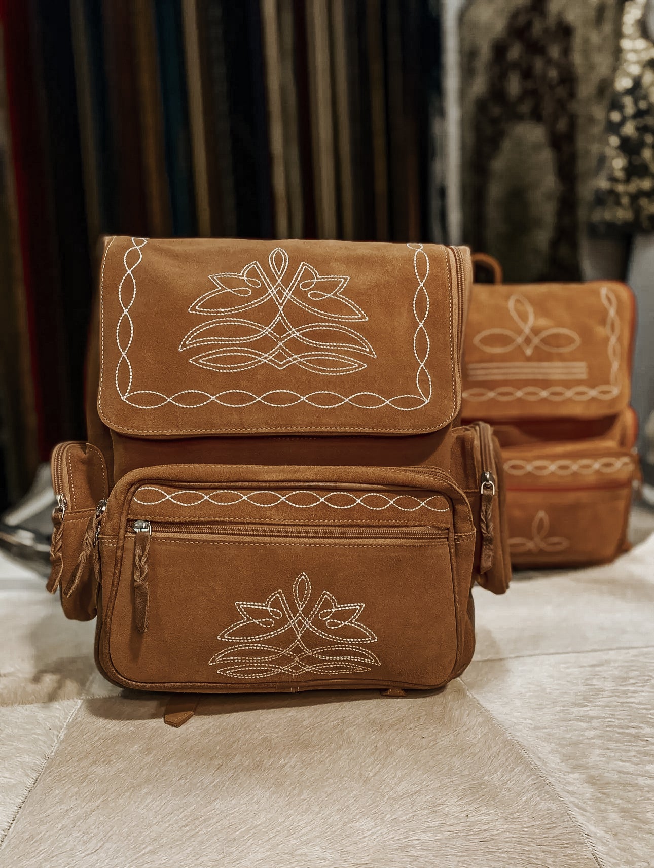 Tan Suede Leather Boot Stitch Backpack/Diaper Bag