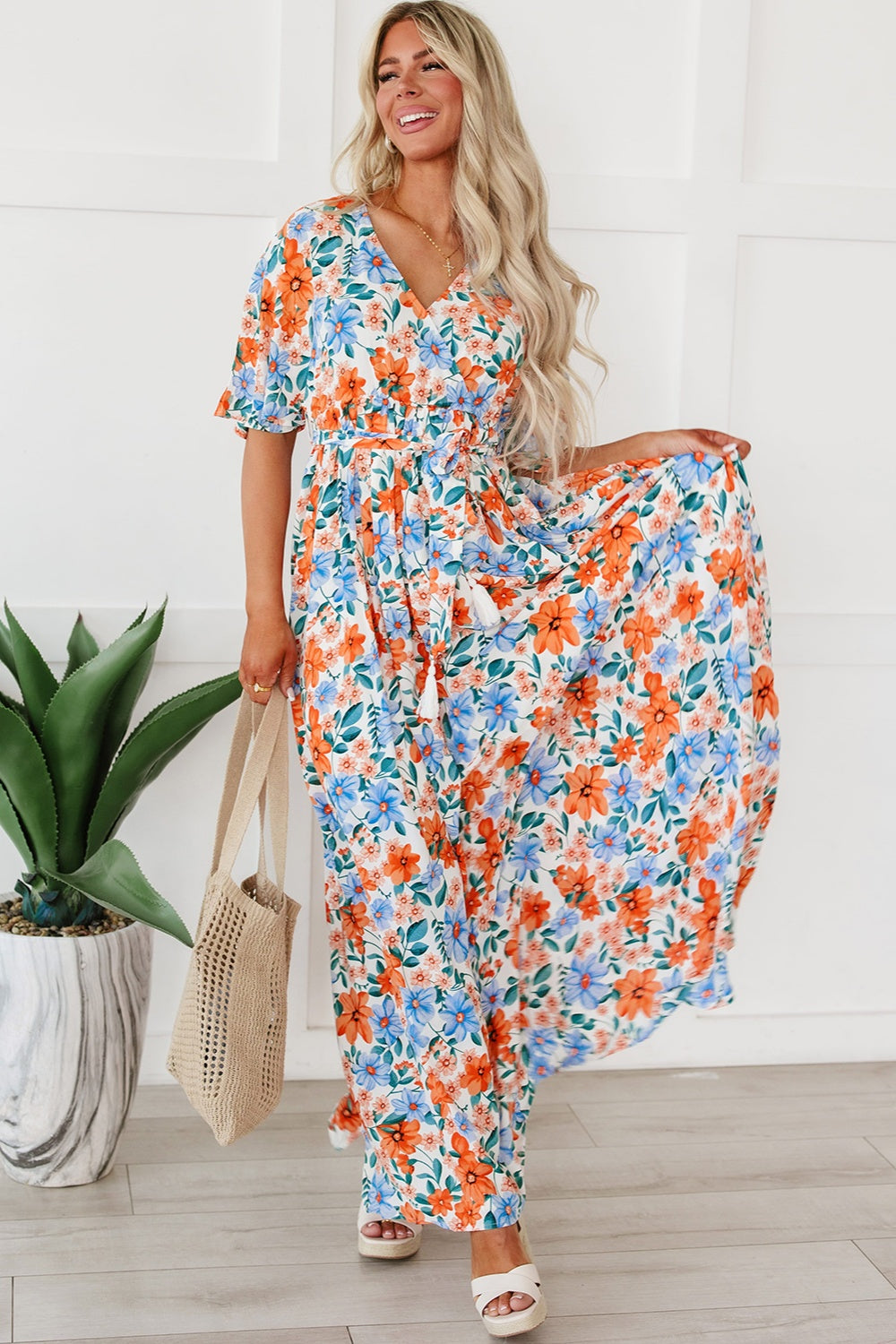 Blue Orange Floral Maxi Dress