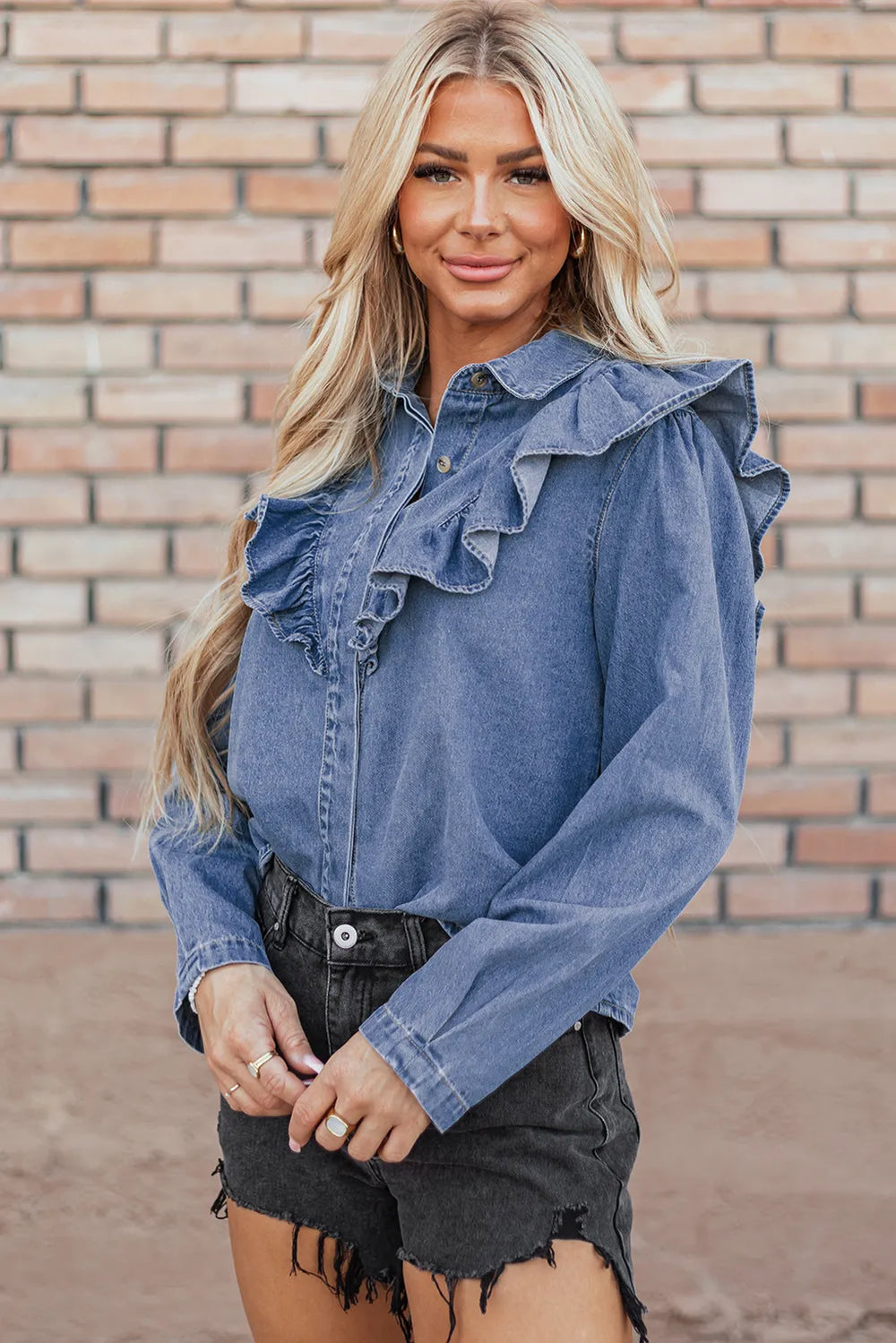 Ruffled Denim Long Sleeve Top