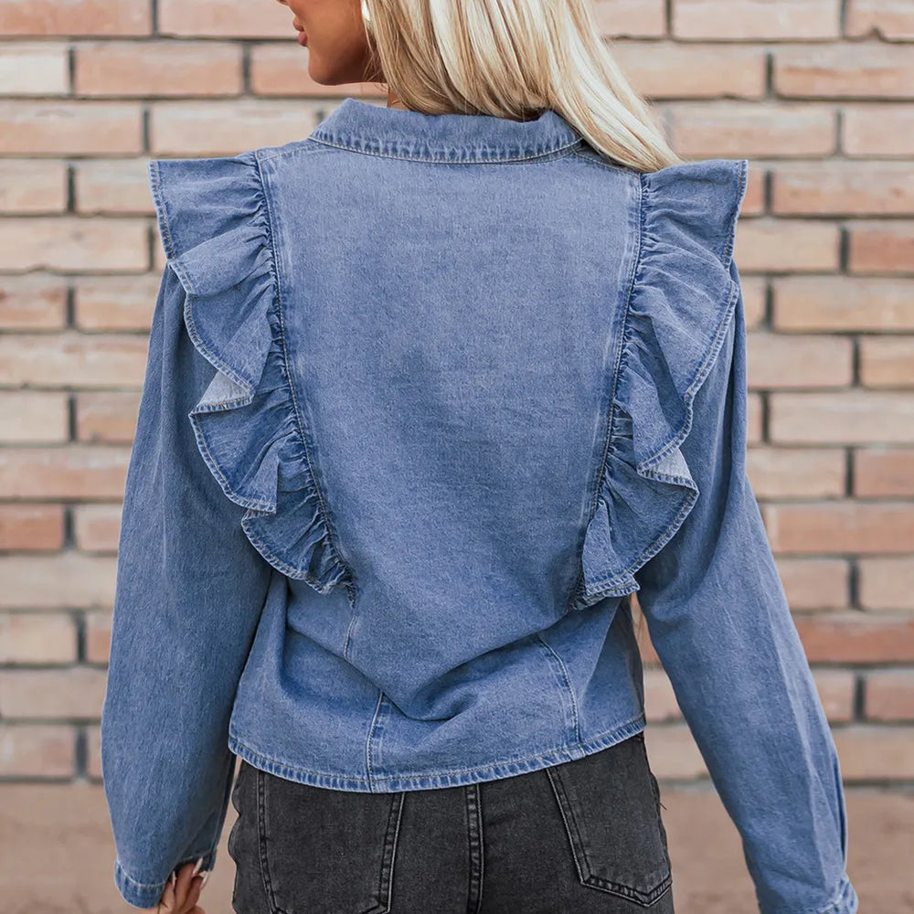 
                      
                        Ruffled Denim Long Sleeve Top
                      
                    